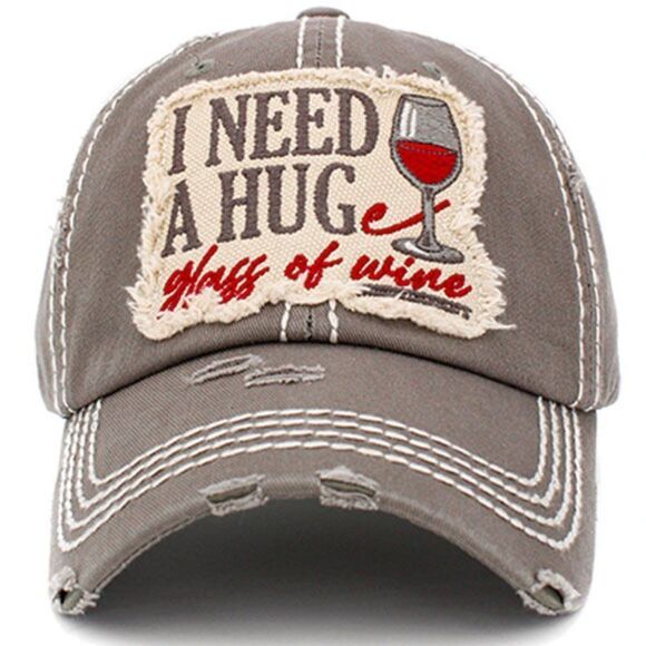 2/$30 Ladies Grey I Need a Huge Glass of Wine Baseball Hat - Picture 1 of 6